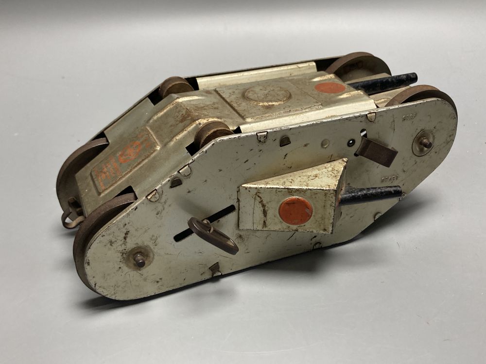 A tinplate clockwork WWI Turnover Tank, Louis Marx & Co, New York, circa 1932 (lacking trailer), L 22cm